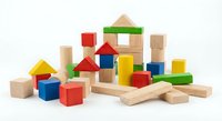 Colorful wooden building blocks set with geometric shapes including cubes, cylinders and triangular pieces for educational play and creative construction activities.