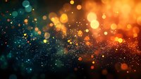 Magical glowing bokeh lights on dark background with turquoise and orange gradient colors create dreamy atmospheric effect for festive designs.