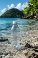 Water bottle with condensation drops on tropical beach shore against turquoise ocean and green mountain landscape background. Fresh hydration concept.