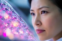 Young Asian woman gazing thoughtfully at glowing pink and purple abstract lights, creating ethereal atmosphere with soft bokeh effect and gentle facial expression.