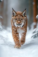 Majestic Eurasian lynx walking through deep snow in winter forest, intense gaze and distinctive ear tufts visible against blurred natural background.