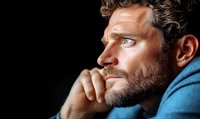 Profile of contemplative Caucasian man with beard and curly hair wearing blue sweater against dark background, hand near chin in thoughtful pose.