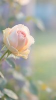 Soft pink rose bud with delicate petals on dreamy pastel background for romantic greeting cards and wedding invitations.