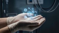 Male hands cupping glowing digital technology icons and gears in futuristic industrial setting for innovation concepts.