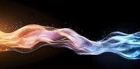 Glowing abstract wave with particles flowing from warm orange to cool blue colors on black background, magical light effect for creative design projects.
