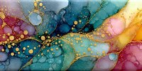 Abstract alcohol ink art with flowing organic shapes in vibrant blues, teals, gold, pink and burgundy colors with metallic accents and bubbles.