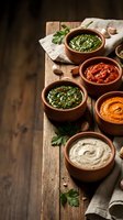 Assorted colorful dips and sauces in rustic clay bowls on wooden board with fresh herbs for appetizers and Mediterranean cuisine cooking.