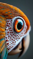 Extreme close-up of colorful tropical fish eye with orange iris and detailed scales showing intricate patterns and textures in macro photography.