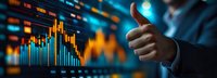 Businessman giving thumbs up gesture with financial stock market charts and candlestick graphs in background, representing investment success and positive trading performance.