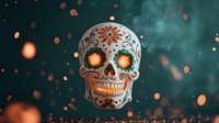 Decorative sugar skull with orange floral patterns and ornate details floating against dark teal background with glowing bokeh lights and mystical smoke atmosphere.