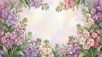 Watercolor floral frame with purple and pink lilac blossoms, green leaves, soft pastel background, copy space for text or greeting cards.