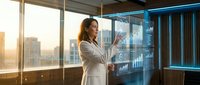 Professional businesswoman using futuristic holographic interface in modern office with city skyline at sunset. Corporate technology innovation concept.