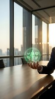 Businessperson holding glowing green holographic sphere with health and wellness icons above modern office table with city skyline view for healthcare technology and digital innovation concepts.