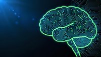 Digital brain circuit board design with glowing green neural pathways on dark blue technology background for AI and machine learning concepts.