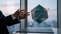 Business professional analyzing holographic financial data visualization with charts and graphs in modern office environment for investment strategy.