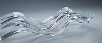 Flowing transparent glass horse sculpture with dynamic curved lines and fluid motion, suitable for luxury design, modern art projects, and contemporary interior decoration.
