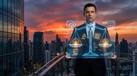 Professional businessman with holographic justice scales interface against dramatic sunset city skyline. Corporate law technology concept for legal services and digital transformation.