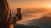 Person holding travel mug at sunrise overlooking misty mountain landscape with golden light illuminating foggy valleys.