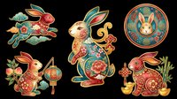 Colorful decorative rabbits with floral patterns and ornamental details isolated on transparent background, ready for t-shirt design, clipart, stickers, sublimation and print-on-demand projects.