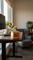 Wooden cube with 2027 trends text on modern home office desk, plants and cozy armchair in background, natural light.