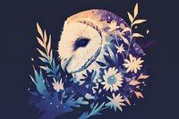 Mystical barn owl portrait surrounded by ethereal wildflowers and foliage in blue and purple gradient tones with golden accents against dark background.