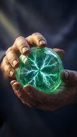 Hands holding glowing green energy orb with electric lightning patterns against dark atmospheric background for fantasy and supernatural concepts.