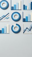 Blue business infographic elements with charts, graphs and circular diagrams on white background for corporate presentations and financial reports.