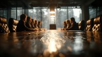 Corporate boardroom meeting with diverse business professionals discussing strategy around polished conference table in modern office setting.
