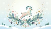 Leaping goat surrounded by festive evergreen garland, ornaments, and stars in winter landscape. Seasonal holiday design for cards, decorations, and celebrations.