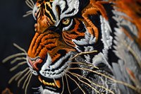 Close-up macro shot of embroidered tiger face detail showing intricate orange, black and white stitching pattern with detailed whiskers and fierce expression.