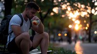 Young athletic Hispanic male sitting alone on bench at sunset, contemplative pose with bokeh lights and urban park background, wearing casual sportswear.