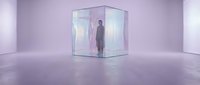 Businessman silhouette trapped inside transparent glass cube in minimalist purple room representing corporate limitations and business constraints.
