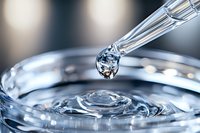 Clear water droplet falling from glass pipette into laboratory dish creating ripples for scientific research and medical testing applications.