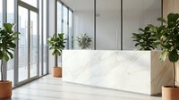 Modern office reception desk with white marble finish and green plants in contemporary workspace with large windows and natural light.