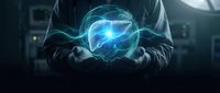 Businessman holding glowing digital brain with neural networks and energy waves in dark office environment for artificial intelligence concepts.