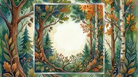 Enchanted forest frame with autumn foliage and evergreen trees creating circular opening. Watercolor woodland border for seasonal designs and nature themes.
