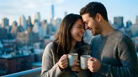 Couple enjoying hot beverages on rooftop with city skyline view, sharing intimate moment during daytime. For lifestyle, romance, and urban living content.