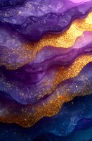 Abstract fluid art with flowing purple and gold waves, sparkling glitter effect on dark background creates luxurious cosmic pattern for modern wall decor.