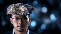 Young Asian male wearing glasses with floating rock above head against dark bokeh background, surreal conceptual portrait exploring imagination and creativity.