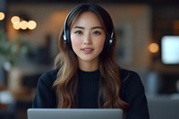 Young Asian woman wearing wireless headphones smiles while working on laptop in cozy home office setting with soft bokeh lighting background.