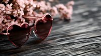 Heart-shaped pink sunglasses with rhinestone details on dark wooden surface, soft pink cherry blossoms in background creating romantic mood and bokeh effect.