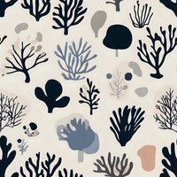 Minimalist coral reef pattern in navy blue and gray tones on beige background. Seamless repeat design with abstract marine plants and seaweed shapes for fabric and wallpaper.