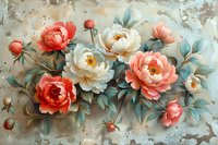 Romantic peony flowers arrangement in coral red, white and pink with blue-green leaves on textured vintage background. Floral art composition for decor.