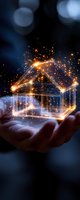 Glowing wireframe house floating above palm with magical sparkles and light effects on dark background, concept of smart home technology and innovation.