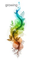 Abstract tree with flowing organic shapes and gradient colors from roots to leaves representing growth and natural development on white background.