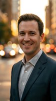 Professional Caucasian businessman smiling confidently in navy suit on urban street with warm bokeh lights during golden hour for corporate headshots.