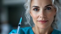 Confident mature female medical professional with platinum blonde hair and blue eyes holding syringe, wearing turquoise scrubs against blurred hospital background.