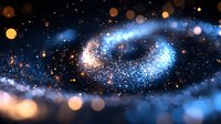 Magical spiral galaxy with glowing blue and golden particles swirling in dark space. Dreamy cosmic scene with bokeh lights and stardust creates ethereal astronomical atmosphere.