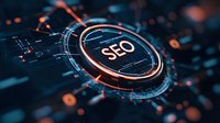 Digital SEO concept with futuristic interface elements and glowing circular design on dark background for digital marketing and search optimization.