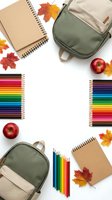 Back to school supplies flat lay with green backpacks, colored pencils, notebooks and autumn leaves on white background for educational design projects.